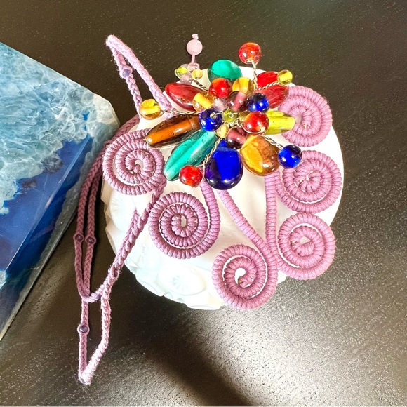 Vintage Up Cycled Wired Wrapped Gem Stones Macramé Woven Adjustable Necklace - Picture 7 of 7